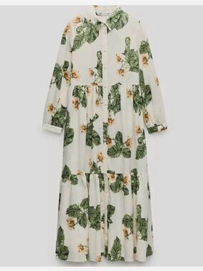 Zara White Maxi Dress with Green Leaf and Yellow Floral Print